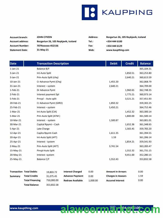 Iceland Kaupthing Bank statement easy to fill template in Excel and PDF format